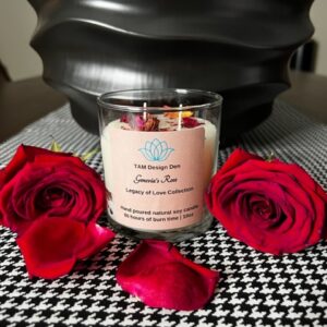 Romantic candle surrounded by red roses and petals.