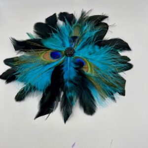 A vibrant fan of blue and black peacock feathers arranged in a circular pattern.